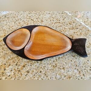 Wooden Fish-Shaped Serving Platter with Dual Bowls - Brown